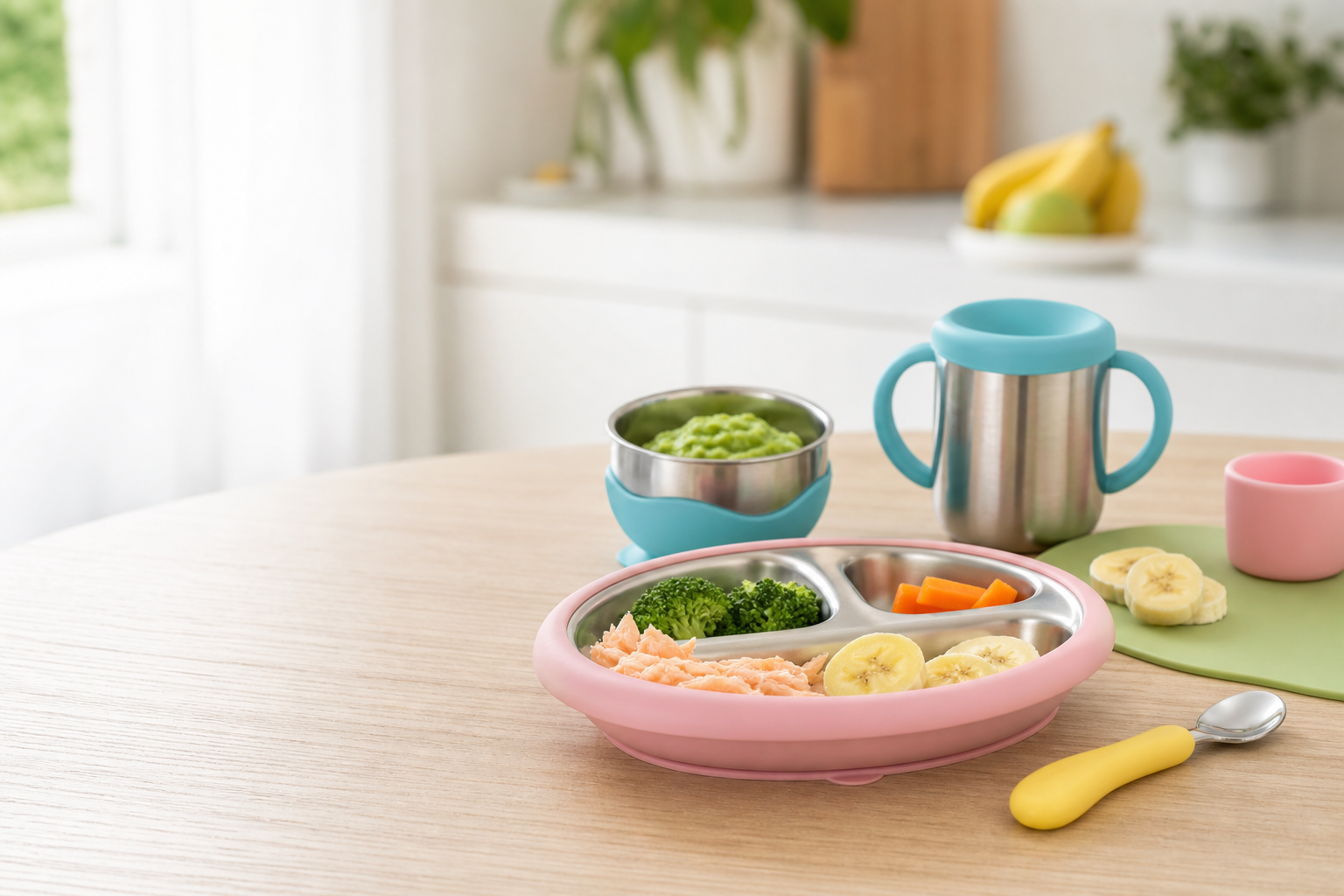 Tiruvi plate, bowl, cup, and spoon arranged for baby mealtime